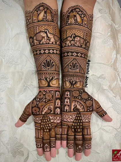 A story in every motif: this design combines the beauty of peacocks, the strength of elephants, the purity of swans, and the grace of lotuses.