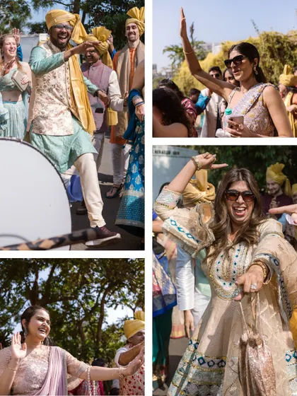 A collage of the guests dancing their hearts out in the Baraat. The energy is infectious, and I love capturing these moments of pure, uninhibited joy.
