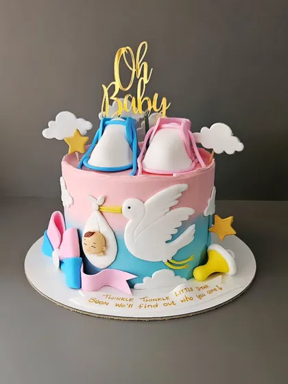 Cute lil baby booties for their bundle of joy. This vanilla cake with strawberry compote was made for a gender reveal party, with a stork delivering the precious baby.