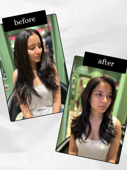 A before-and-after collage of a simple yet classy haircut. We maintained her natural vibe while adding a fresh touch of change.