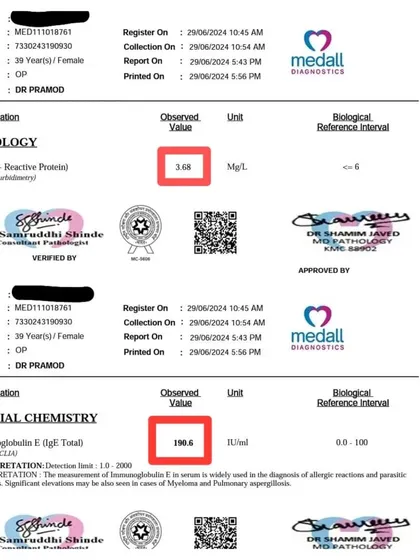 (Duplicate of ID 7) This lab report shows a clear reduction in inflammatory markers for a patient with a chronic allergic condition, providing clinical proof of our treatment's effectiveness.