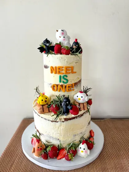 Another full view of the two-tiered semi-naked cake for Neel's first birthday.