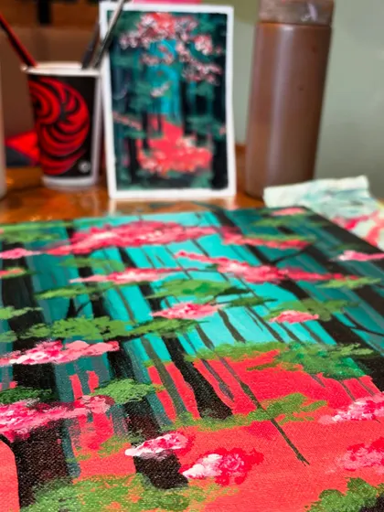 A glimpse of a finished piece from our enchanted forest workshop. The vibrant colors and layers create a sense of depth and magic.