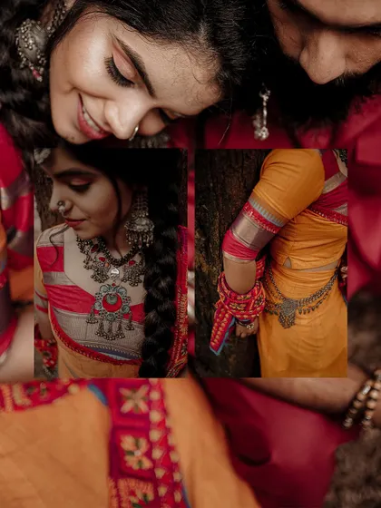 A creative collage focusing on the intricate details of a couple's traditional outfits and their close bond during a pre-wedding shoot.