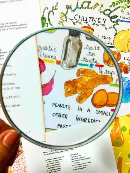 A close-up of an illustrated recipe from 'Memories on a Plate'. We wanted to capture the beauty and detail of handwritten recipes in this special anthology.
