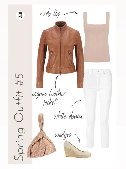 A duplicate view of this modern cognac leather jacket and white denim outfit.