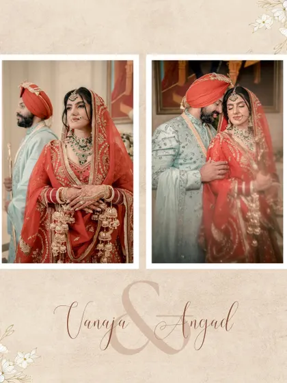 A diptych of Vanaja and Angad, capturing a solo portrait of the bride and a romantic moment with her groom.