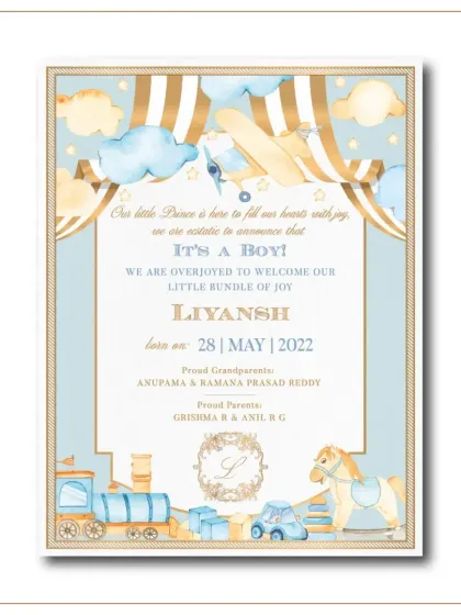 A classic "It's a Boy!" birth announcement card. The design uses a blue and gold color palette with illustrations of a rocking horse, a toy train, and an airplane for a timeless feel.