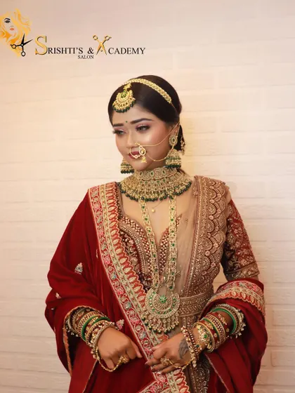 A full view of the demonstration look. The rich velvet lehenga is paired with heavy kundan jewelry and a flawless makeup application for a truly royal feel.