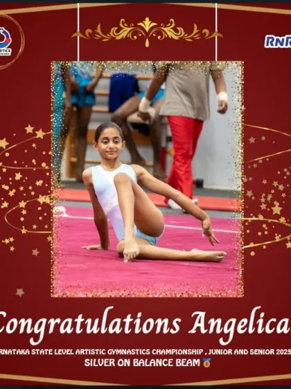Angelica shines with a Silver medal on the Balance Beam at the Karnataka State Level Artistic Gymnastics Championship. We celebrate her grace and precision.
