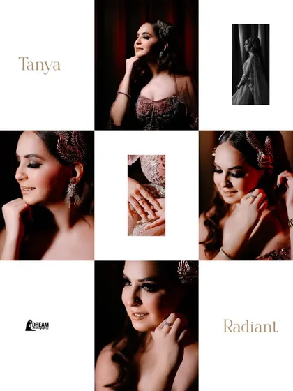 A grid collage of bride Tanya, titled 'Radiant', showcasing various close-ups and portraits from her Sagan.