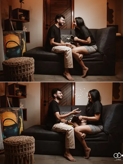 A diptych showing a playful moment on the couch, with the groom creating a shower of popcorn for the laughing bride.