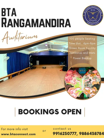 Welcome to our very own BTA Rangamandira. This professional 100-seat auditorium, complete with a green room and stage lighting, is where our students rehearse and perform, getting a true feel for the theatre.