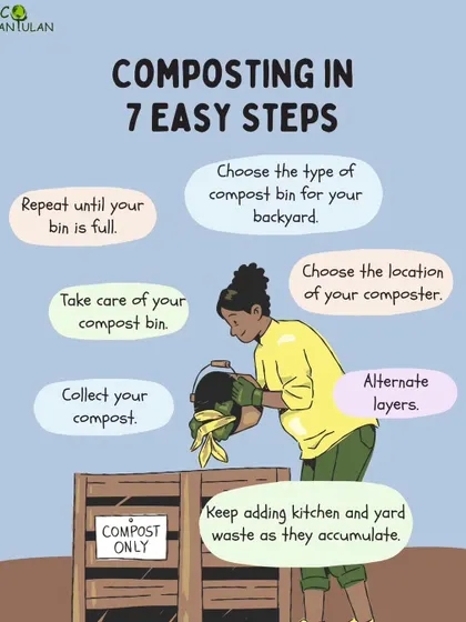 This infographic breaks down composting into seven easy steps. From choosing your bin to layering your waste, it shows that anyone can start composting in their own backyard.