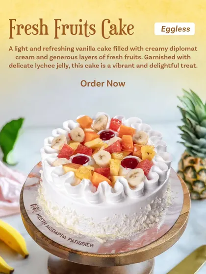The perfect summer indulgence. My eggless Fresh Fruits Cake is a light vanilla cake filled with creamy diplomat cream, generous layers of fresh fruits, and a delicate lychee jelly.