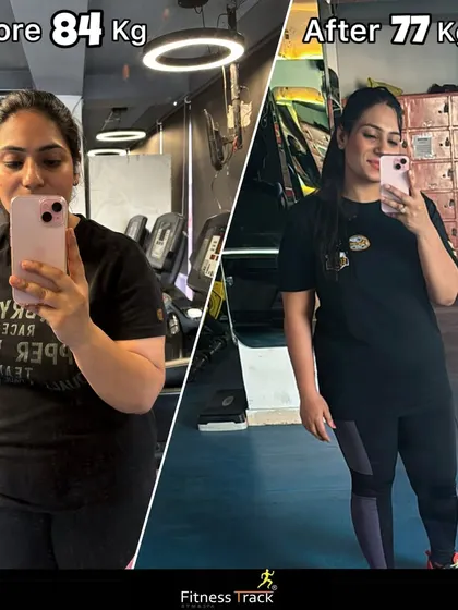This transformation from 84kg to 77kg shows that every bit of effort counts. Our training focuses on building a stronger, leaner physique through a combination of strength training and lifestyle adjustments.