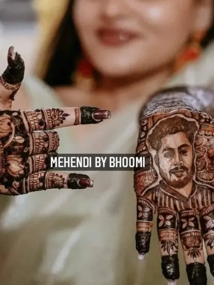 A close up of the groom's portrait on one hand and the couple's initials "HP" on the other. This shows how we can mix and match different personalized elements for a unique design.