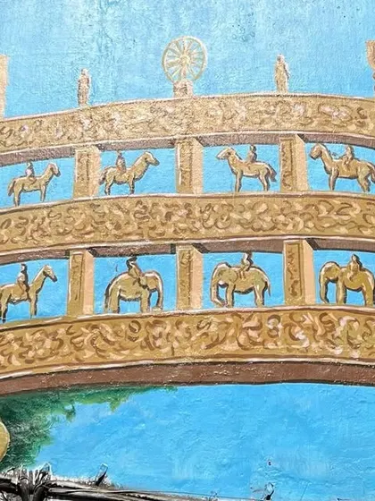 A wall painting of the Sanchi Stupa gate, showcasing India's rich Buddhist heritage on a wall in Dadar.
