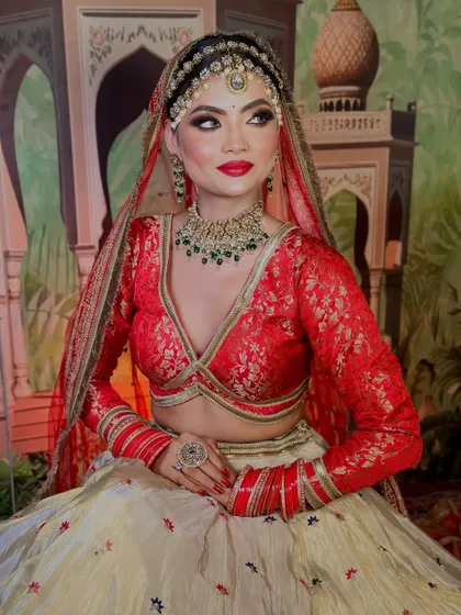 A simple and elegant portrait. The focus is on the clean, flawless makeup that enhances the bride's natural beauty.