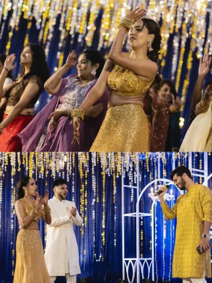 A collage from a magical sangeet night, featuring unique couple entries, games, and epic performances from both the bride's and groom's sides.