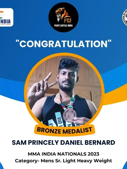 A huge congratulations to Sam Princely Daniel Bernard for securing the Bronze Medal in the Men's Sr. Light Heavyweight category at the 2023 Nationals.