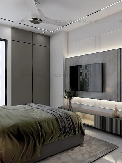 A guest bedroom design for the Naraina site, featuring an earthy green bed and textured grey walls. The design is simple, calming, and welcoming.