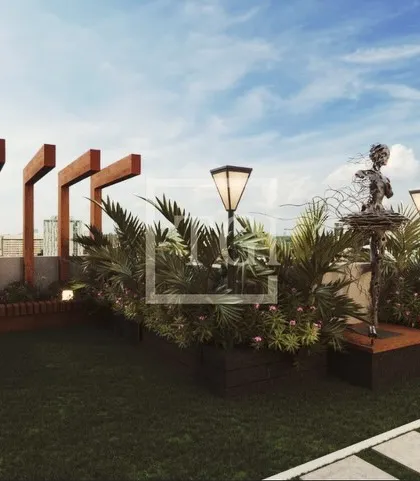 A beautiful garden section from the Goregaon project, featuring a wireframe sculpture of a ballerina surrounded by lush tropical plants.