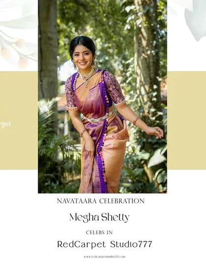 The wonderful actress Megha Shetty, featured in my 'Navataara' series, wearing a stunning purple and gold Kanjivaram saree with a heavily embroidered blouse.