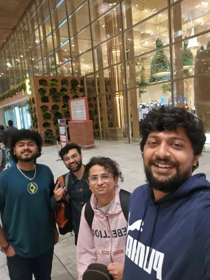 We squeeze into a group selfie outside a hotel during the band's visit to Sri Lanka.