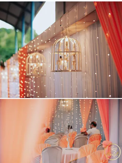 Details of the peach-themed decor, including hanging birdcage lights and fairy light curtains.