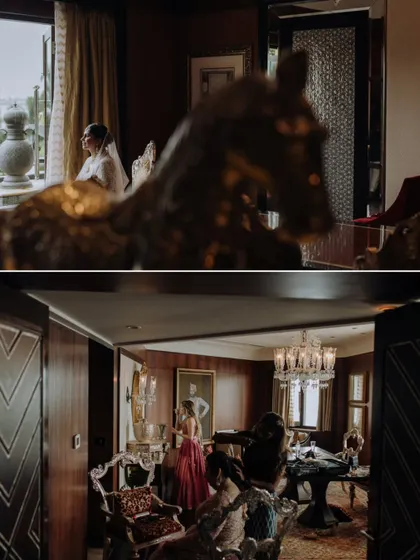 A collage showing moody, atmospheric shots of the bride getting ready in a lavish, wood-paneled suite with antique furniture.