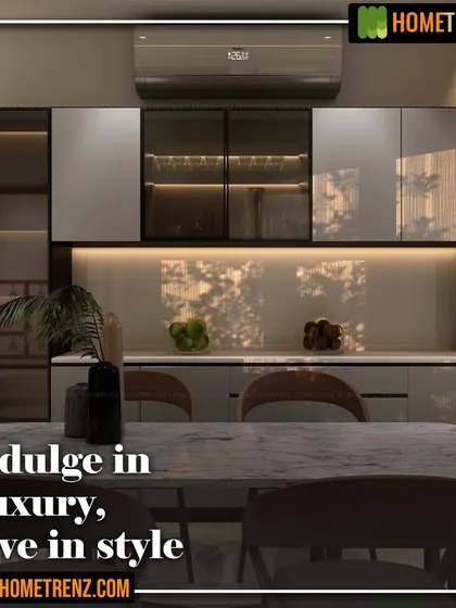 This render showcases a crockery unit with tinted glass doors and internal lighting, perfect for displaying fine glassware and adding a touch of luxury to the dining experience.