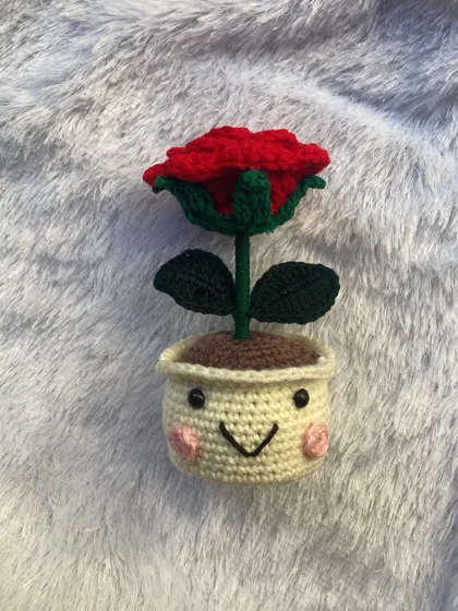 Something new for all the rose lovers out there. I've combined my classic red rose with a cute smiley pot to create this special piece. It's romance with a touch of fun.