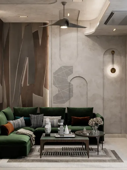 A render of a guest and entertainment room with a modern, minimalistic look. The design features a deep green velvet sofa, textured walls, and multifunctional furniture to serve both relaxation and hosting needs.