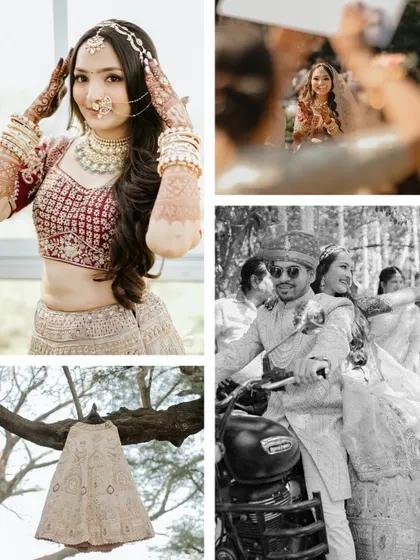 A fun collage of moments from the wedding day, including the bride getting ready, her lehenga details, and the couple's cool exit on a motorcycle.