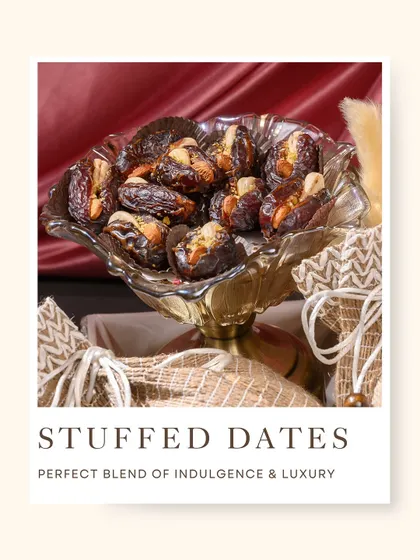 My luxurious stuffed dates are a perfect blend of indulgence and health. Each date is filled with premium nuts, offering a rich and satisfying treat that is both elegant and delicious.