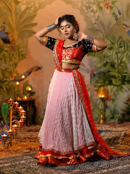 The complete look of our 'Ram Leela' inspired outfit, styled with traditional jewelry to fully embody the character's iconic aesthetic.