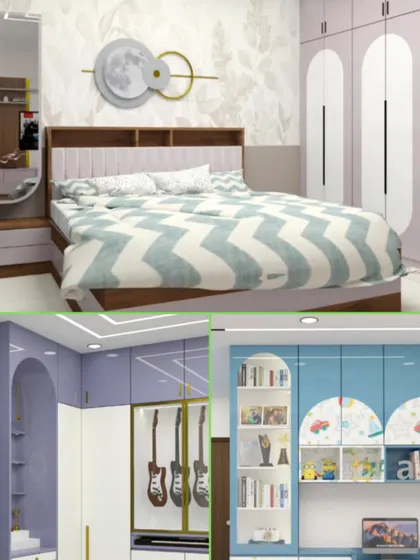 A collage of different kids' room designs, showcasing our ability to create personalized spaces. You can see a bedroom with a moon-themed wall decor and another with a built-in study unit and colorful cabinets.