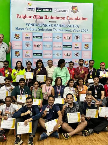 A hall full of champions. Our player Bhagyalaxmi Kulkarni (front row, second from left) among the winners at the Maharashtra Master's State Selection Tournament.