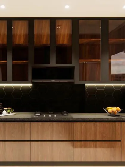 The 3D render for the kitchen, outlining the layout and material palette before execution.