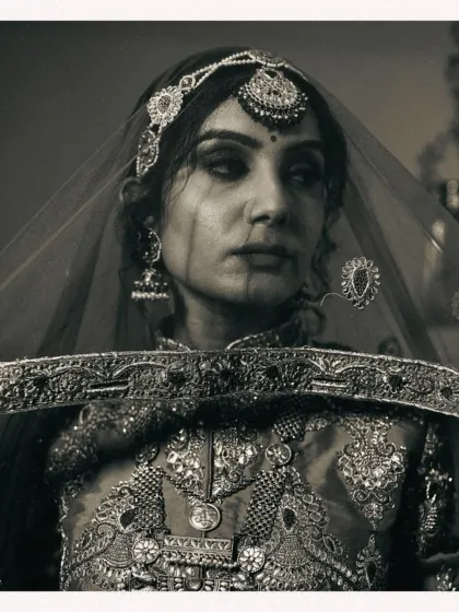 A dramatic black and white shot highlighting the bride's ornate jewelry and the delicate net of her dupatta. This captures the quiet, contemplative moments before the ceremony.