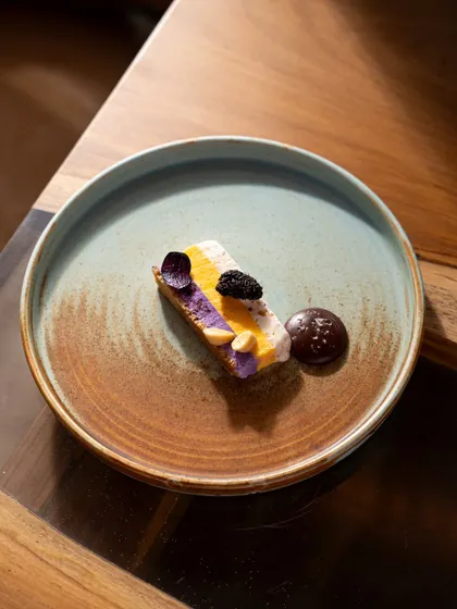 A duplicate shot of the artfully plated dessert at Comorin, emphasizing its artistic quality.