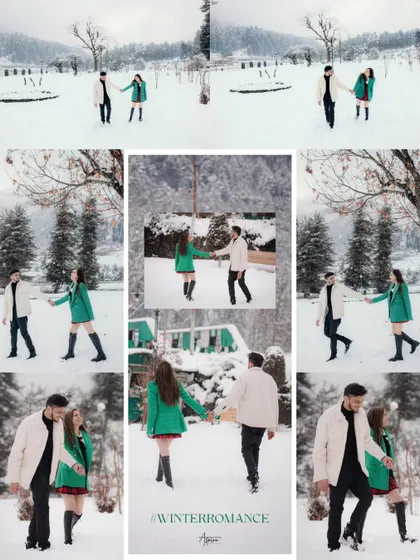 A collage capturing Nikul and Sejal's romantic walk through a snowy park. The images tell a story of them exploring the winter wonderland hand-in-hand.