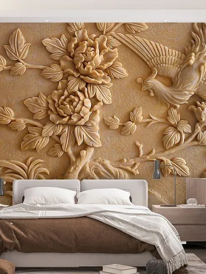 This stunning 3D wallpaper creates the effect of a hand-carved wooden panel. The design features a phoenix and flowers, bringing a touch of traditional craftsmanship and texture to the bedroom.