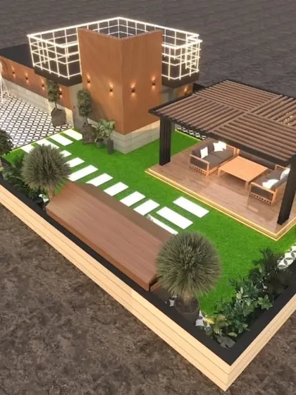 An overhead 3D visualization of a complete terrace plan. This view details the layout of a pergola, a separate seating nook, pathways, and green spaces, providing a comprehensive project overview.