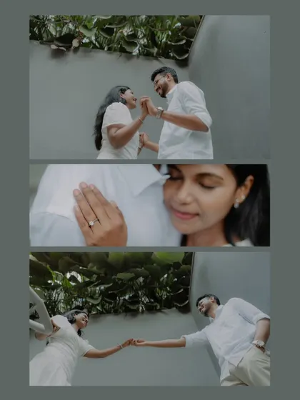 A collage from a pre-wedding shoot, showing our process of capturing different angles and moments, including a close-up of the engagement ring.