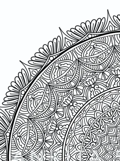 A corner detail of the intricate black and white mandala. Each section contains unique patterns that work together to form a harmonious whole, highlighting the yin and yang of empty space and detailed design.