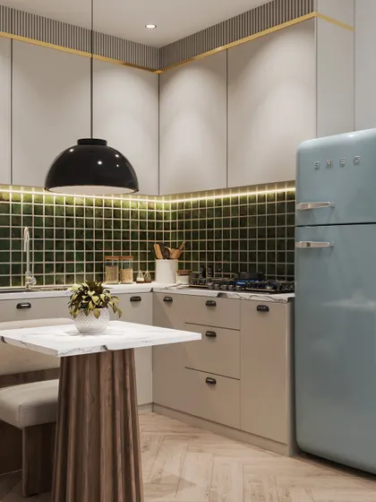 A bright and cheerful studio apartment kitchen. This 3D render combines retro-style appliances with modern green tile and neutral cabinets, perfect for visualizing small-space solutions.