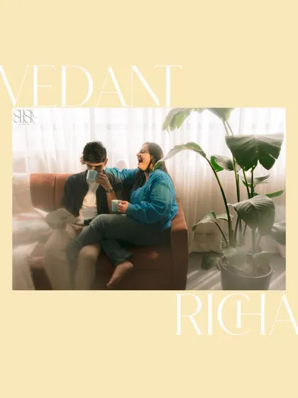 A playful moment from the coffee-themed shoot, capturing the fun and laughter between Vedant and Richa.