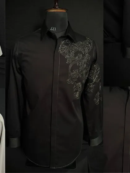 A collage of my embroidered shirts, featuring a black shirt with baroque-style floral embroidery and a beige shirt with a winged horse motif. It shows the range of my artistic inspirations.